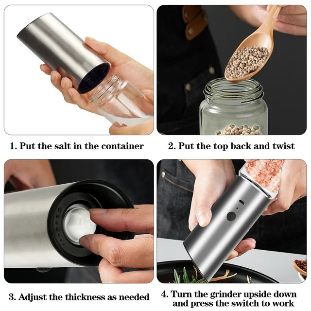 Electric Salt and Pepper Grinder Set, Gravity Sensor Rechargeable Automatic Pepper Grinder with LED Light & Brush