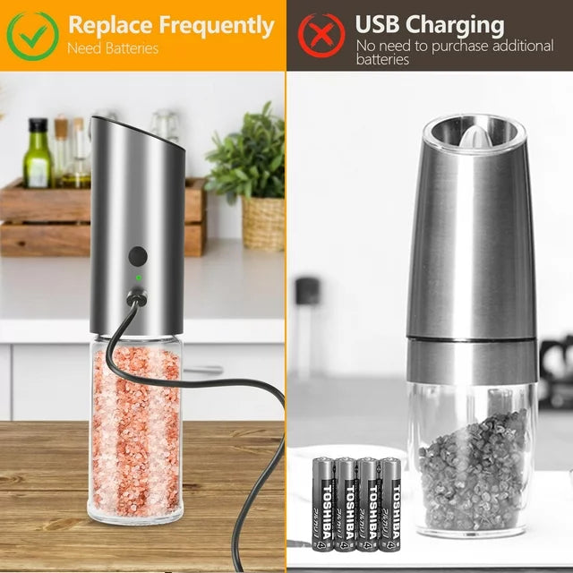 Electric Salt and Pepper Grinder Set, Gravity Sensor Rechargeable Automatic Pepper Grinder with LED Light & Brush