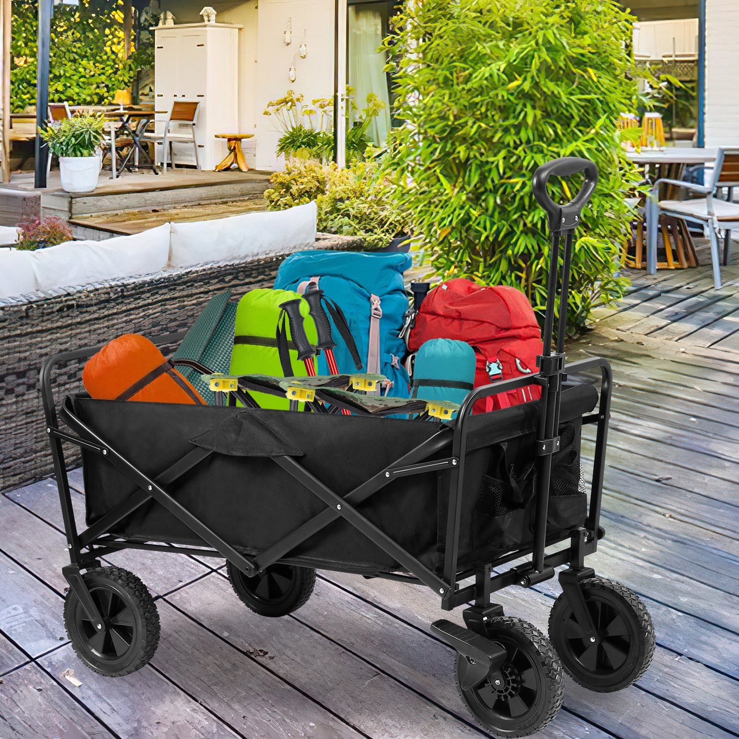 Teedor Collapsible Outdoor Utility Wagon Folding Garden Cart Camping Shopping Hand Trolley Adjustable Handle & 2 Cup Holders Black