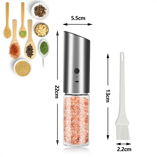 Electric Salt and Pepper Grinder Set, Gravity Sensor Rechargeable Automatic Pepper Grinder with LED Light & Brush