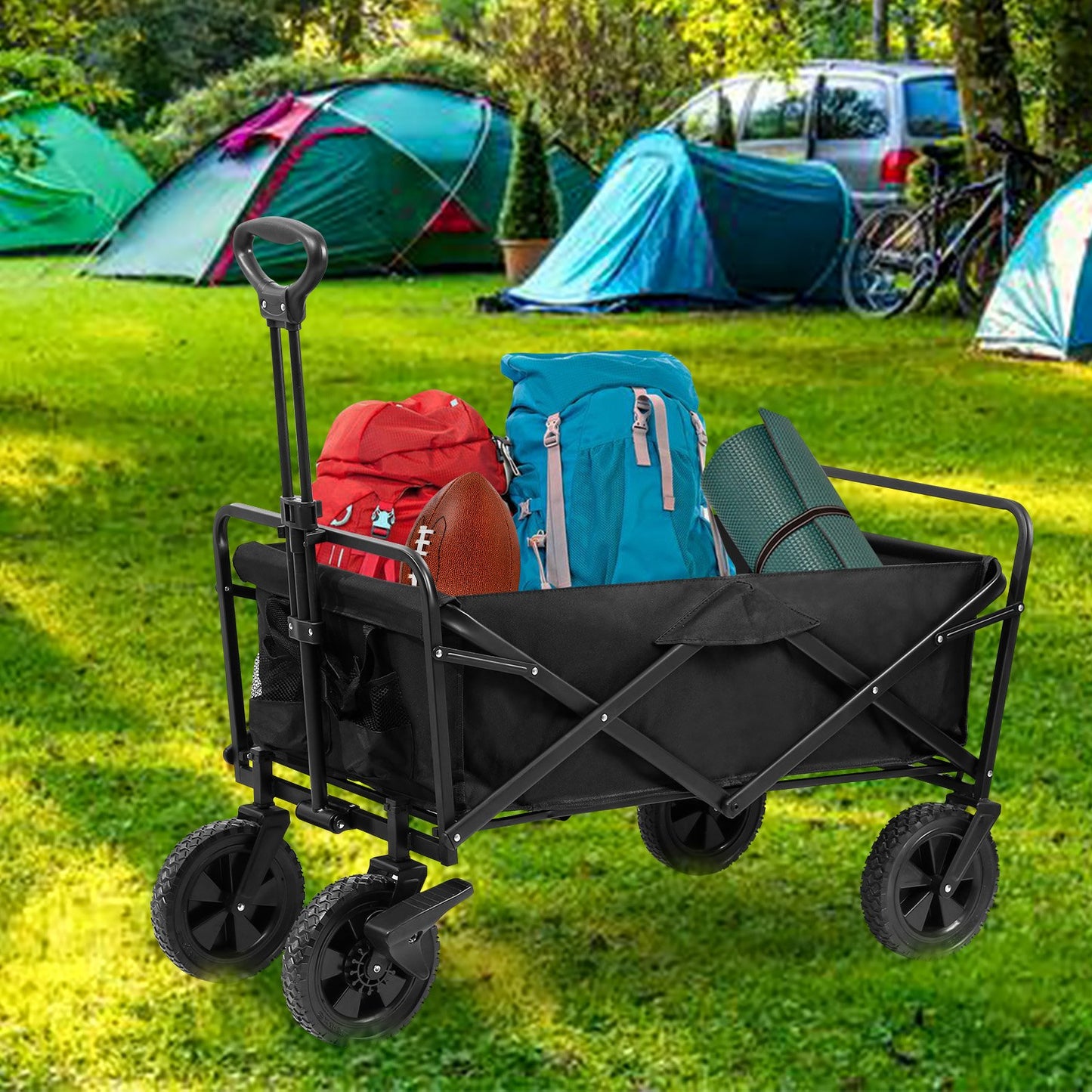 Teedor Collapsible Outdoor Utility Wagon Folding Garden Cart Camping Shopping Hand Trolley Adjustable Handle & 2 Cup Holders Black