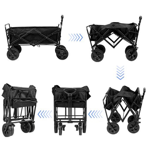 Collapsible Outdoor Utility Wagon Folding Garden Cart Camping Shopping Hand Trolley Adjustable Handle & 2 Cup Holders