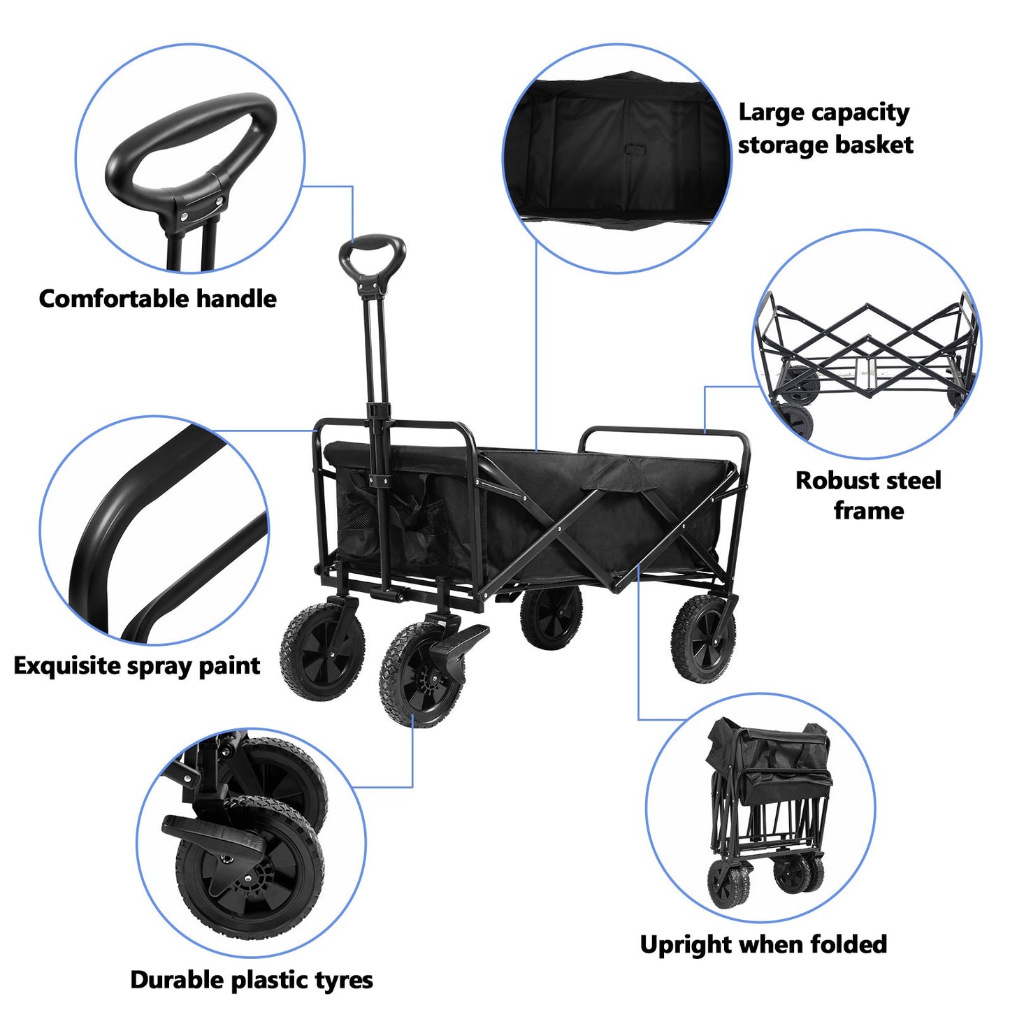 Teedor Collapsible Outdoor Utility Wagon Folding Garden Cart Camping Shopping Hand Trolley Adjustable Handle & 2 Cup Holders Black