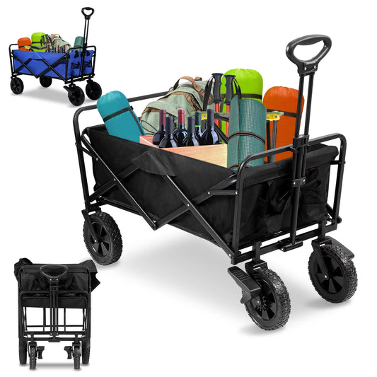 Collapsible Outdoor Utility Wagon Folding Garden Cart Camping Shopping Hand Trolley Adjustable Handle & 2 Cup Holders