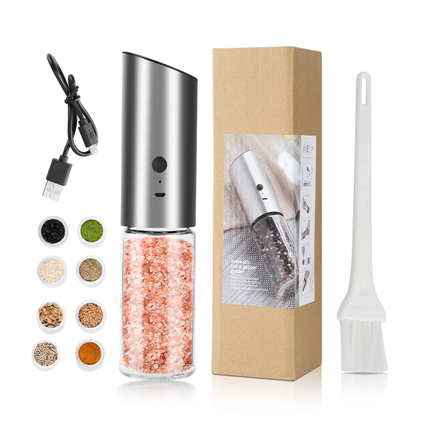 Electric Salt and Pepper Grinder Set, Gravity Sensor Rechargeable Automatic Pepper Grinder with LED Light & Brush