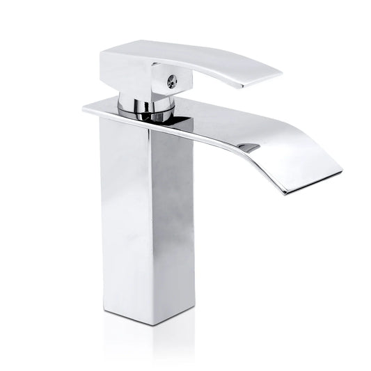 Teedor Waterfall Spout Single Handle Bathroom Faucet, Modern Sink Faucet Supply Lines Included, Durable, Lead-Free, and Corrosion Resistant, Silver, 1 Hole Lavatory Vanity Faucet Flat basin Faucet