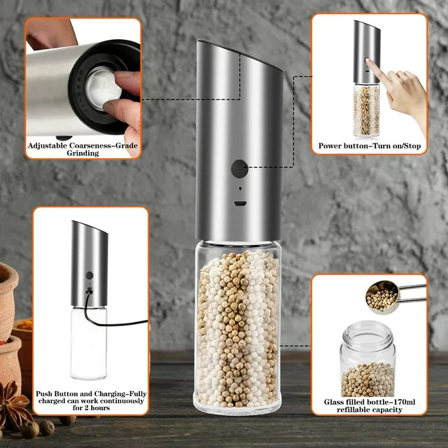 Electric Salt and Pepper Grinder Set, Gravity Sensor Rechargeable Automatic Pepper Grinder with LED Light & Brush