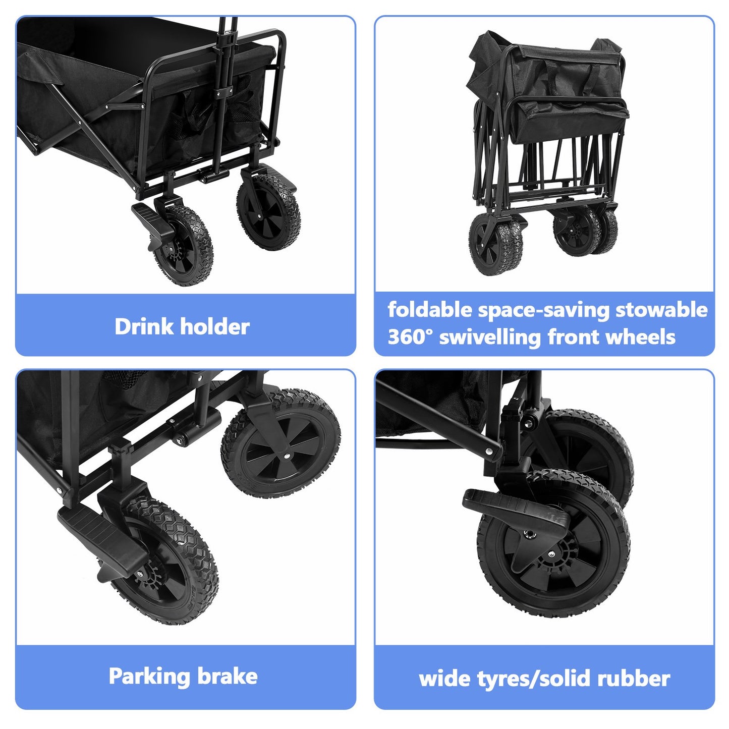 Teedor Collapsible Outdoor Utility Wagon Folding Garden Cart Camping Shopping Hand Trolley Adjustable Handle & 2 Cup Holders Black