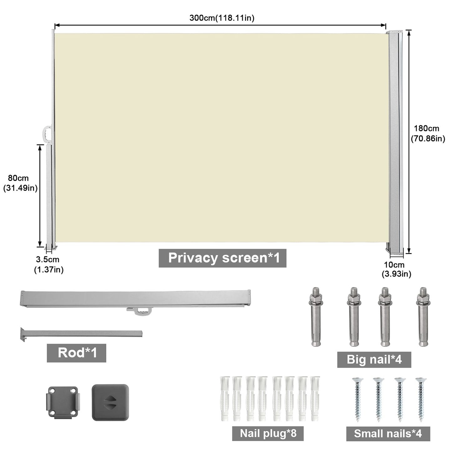 Teedor 118" x 71" Retractable Patio Side Awning, Aluminum Sun Shade Privacy Divider Screen for for Courtyard, Roof Terrace and Pools, Beige