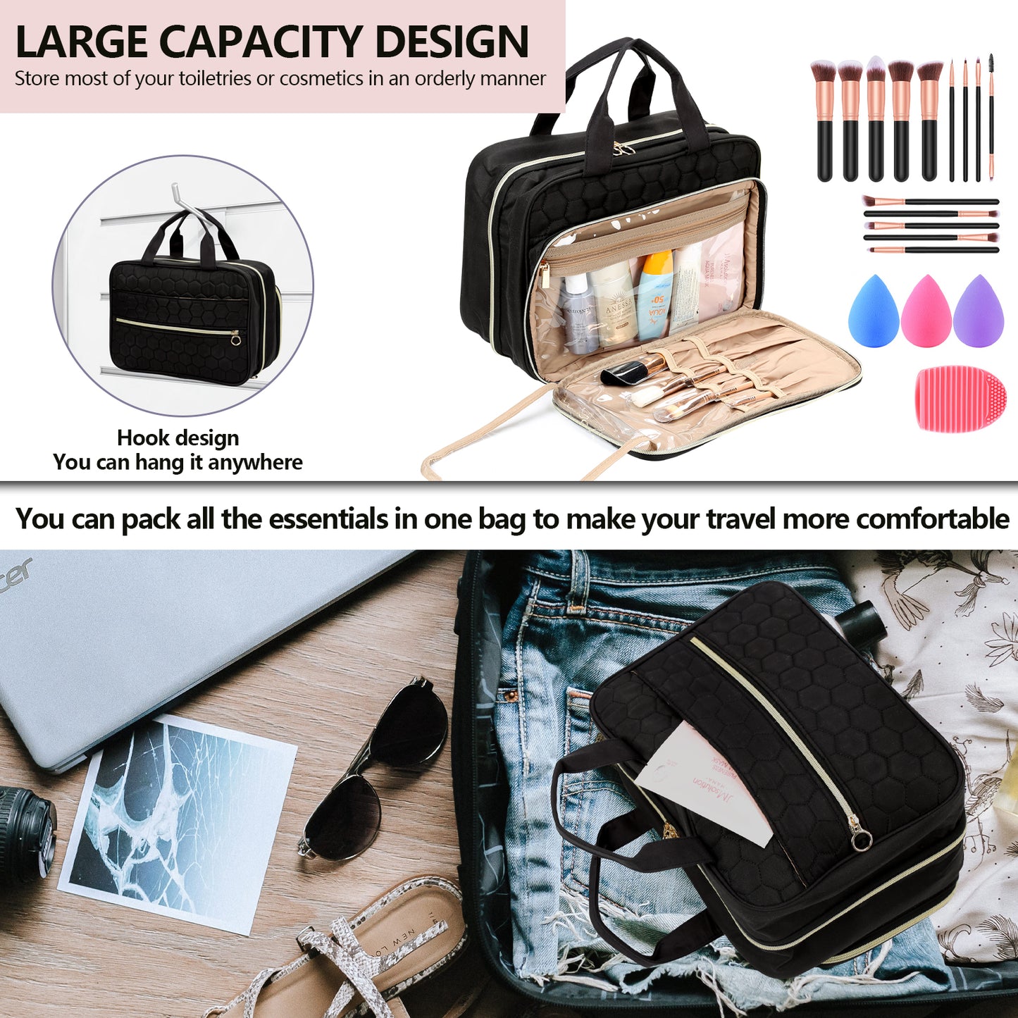 Toiletry Bag Travel Bag with Hanging Hook, Water-resistant Makeup Cosmetic Bag Travel Organizer for Accessories, Shampoo, Foldable Full Sized Container