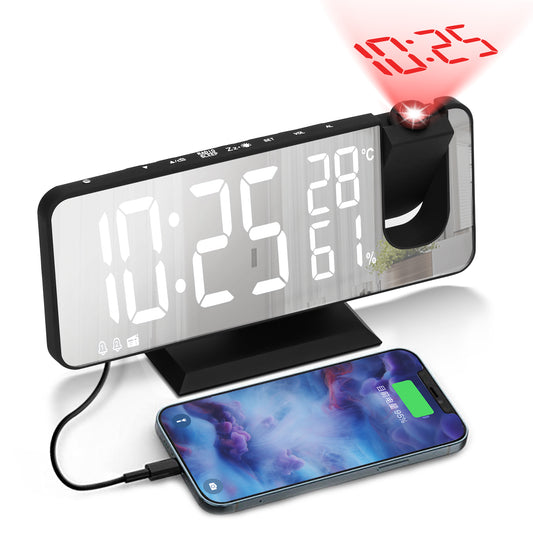 Projection Digital Alarm Clock for Bedroom, Large LED Alarm Clock Projection on Ceiling Wall, 350°Projector,Dimmer,USB Charger