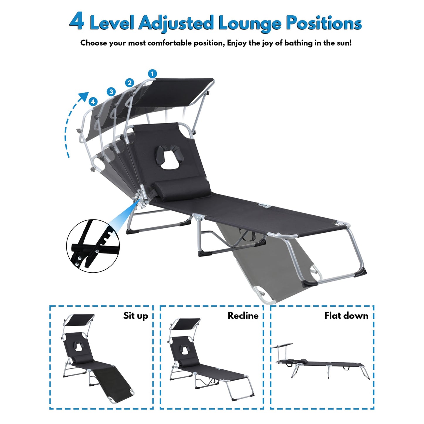 Teedor lounge chairs for outside,4-Fold Recliner with Face Hole, Canopy&Carry Handle, 4 posisitons Adjustable Tanning Chair for Beach Poolside Outdoor Garden