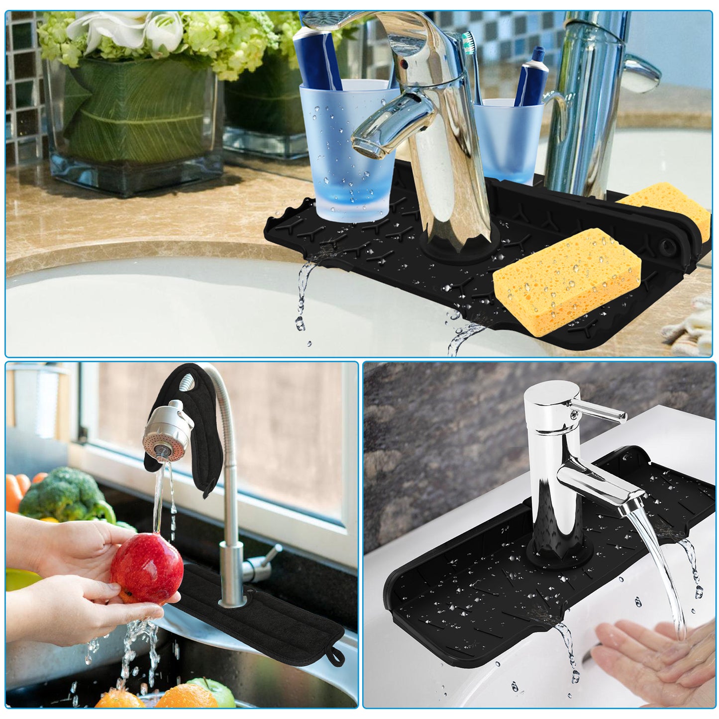 3PC Silicone Kitchen Faucet Tray with Drip Handle, Silicone Kitchen Sink Mat