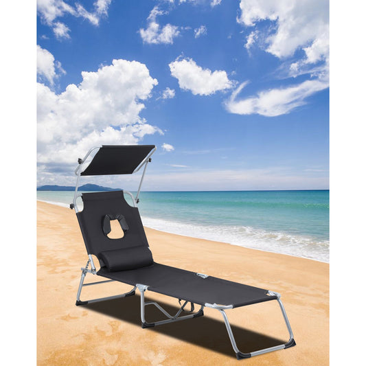 Teedor lounge chairs for outside,4-Fold Recliner with Face Hole, Canopy&Carry Handle, 4 posisitons Adjustable Tanning Chair for Beach Poolside Outdoor Garden